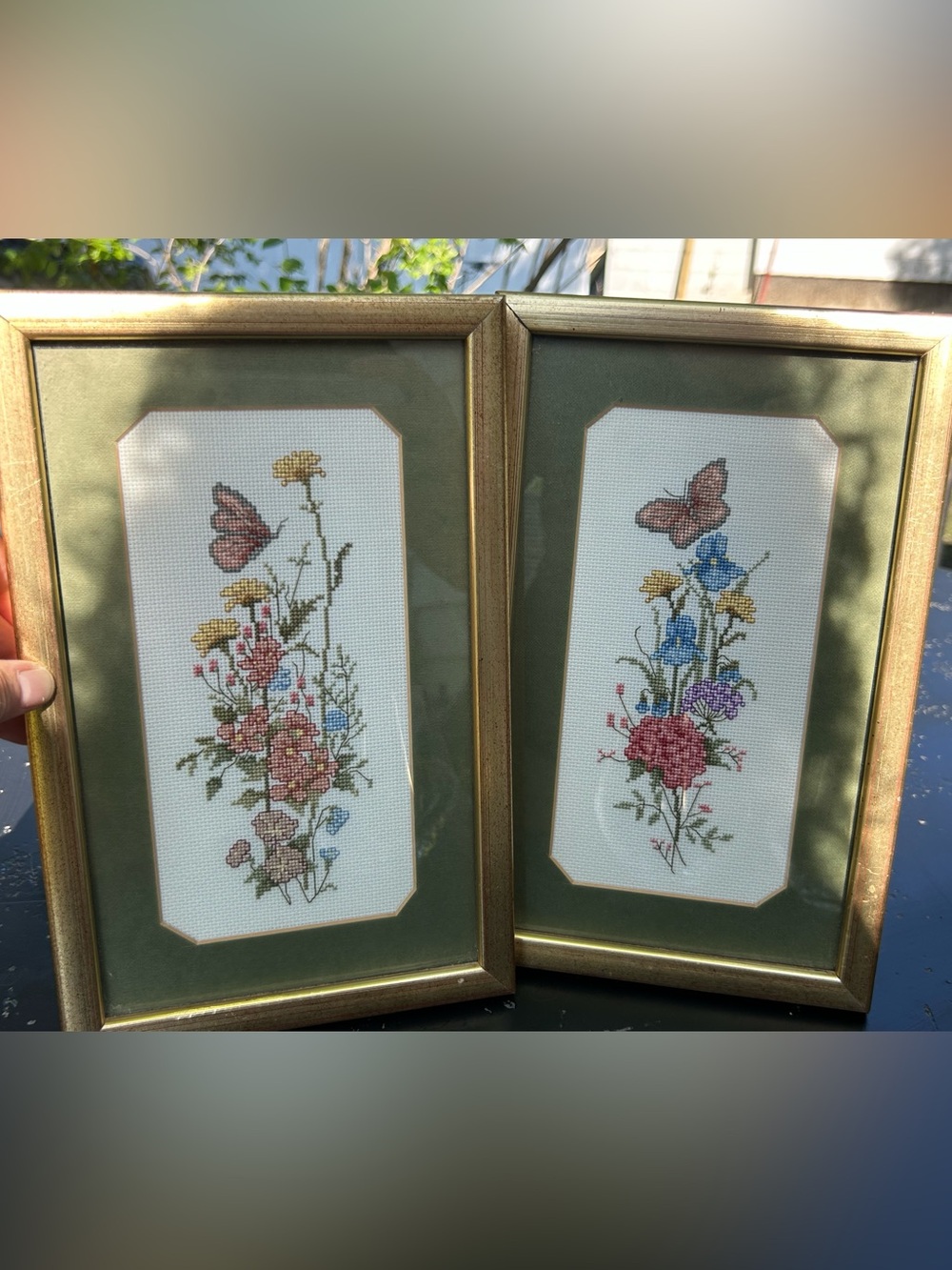 Vintage Cross Stitch Floral Butterfly Needle Work Wall Art Mat Lot of Two 7x11